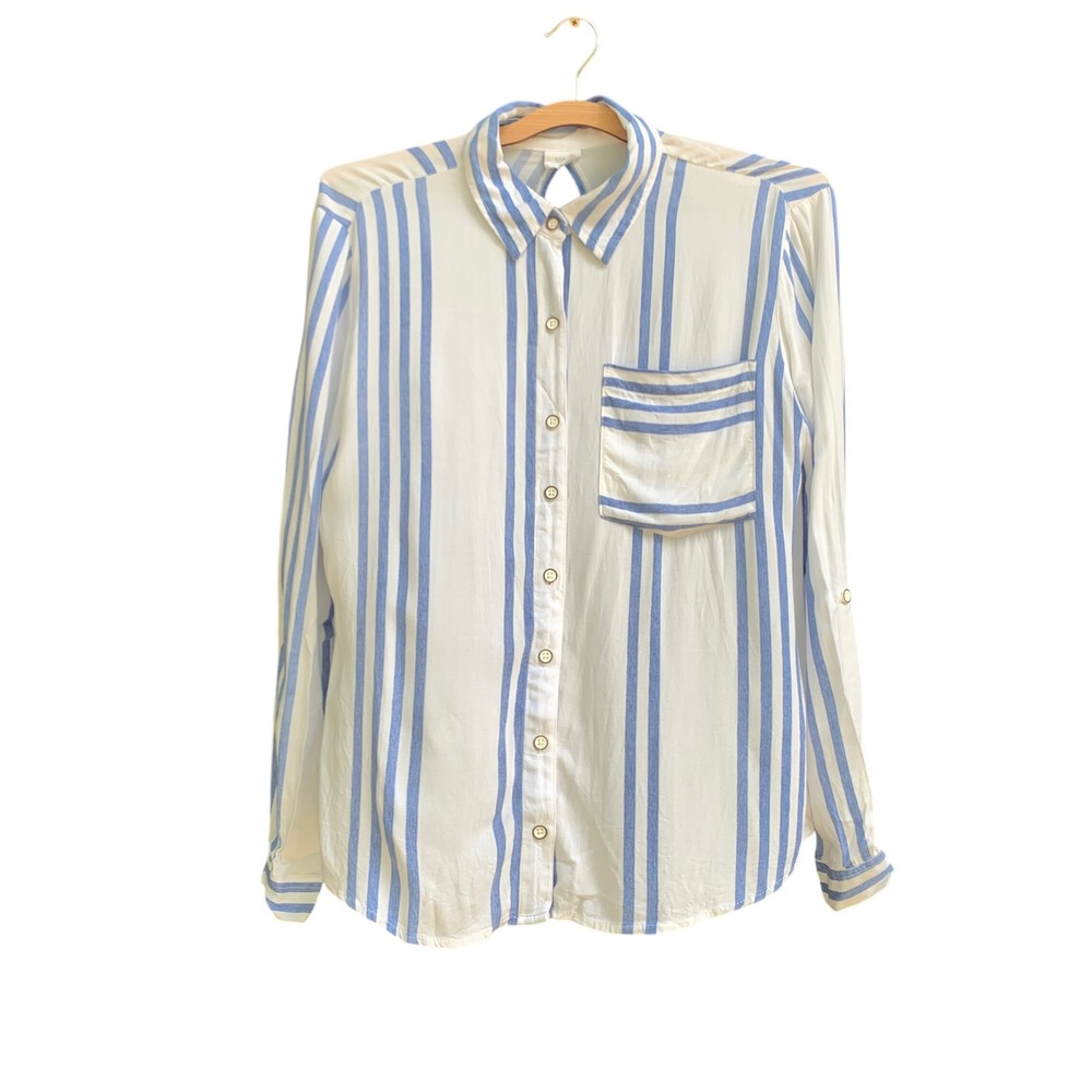 Koaj Blue White Striped Button Down Blouse‎ Roll Tab Sleeve Pocket Top Size Med